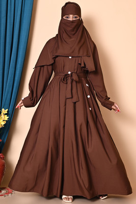 AngelAbayas Cotton Blend Self Design Burqa With Hijab(Brown)