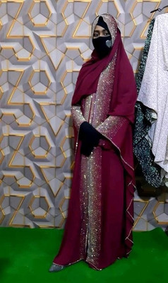 Buraque Designer Nida Matte Self Design Abaya With Hijab(Maroon)