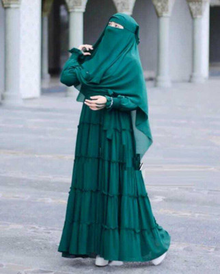 HOC Cotton Silk Solid Abaya With Hijab(Green)