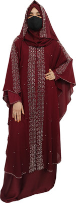 Buraque Designer Polyester Solid Abaya With Hijab(Maroon)