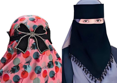CRENCH CREATION Chiffon Solid, Self Design Naqab(Black)