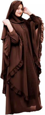 Har Womern Clothing Georgette Self Design Abaya With Hijab(Brown)