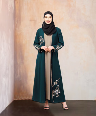 N4N Garments Nida Matte Solid Abaya With Hijab(Green, Beige)