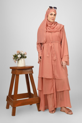 ovais abaya collection Chiffon Solid Abaya With Hijab(Pink)