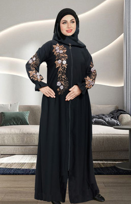 Buraque Designer Nida Matte Solid Abaya With Hijab(Black)