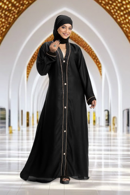 The Ocean Export Cotton Blend Solid Abaya With Hijab(Black)
