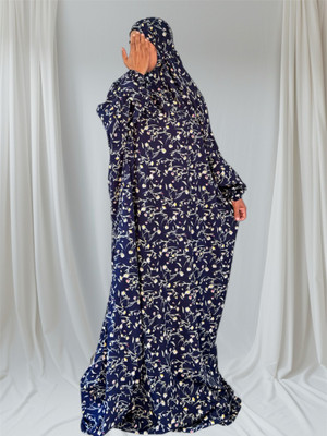 ANBA Crepe Floral Print Abaya With Hijab(Blue)