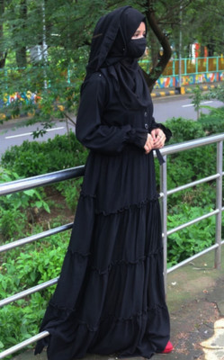 black rose Georgette Solid, Self Design Abaya With Hijab(Black)