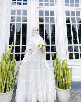 Buraque Designer Polyester Self Design Abaya With Hijab(White)