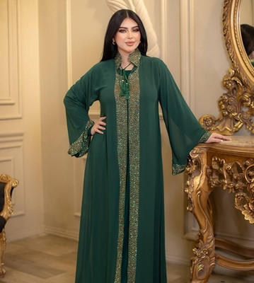 maabaya Georgette Self Design Abaya With Hijab(Green)