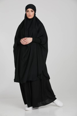 MODEST CITY Crepe Self Design Abaya With Hijab(Black)