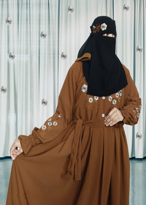 Buraque Designer Polyester Solid Abaya With Hijab(Brown)