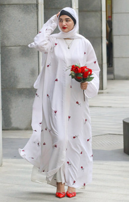 Buraque Designer Polyester Solid Abaya With Hijab(White)