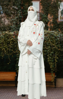 Buraque Designer Polyester Solid Abaya With Hijab(White)