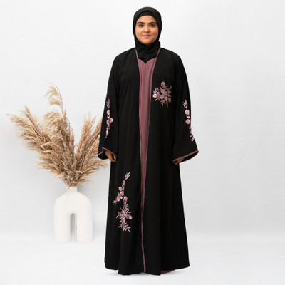 MODEST CITY Crepe Self Design Abaya With Hijab(Black)