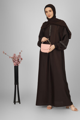 ovais abaya collection Nida Matte Solid Abaya With Hijab(Brown)