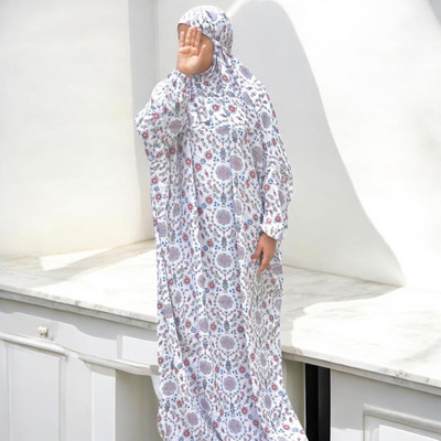 ANBA Crepe Printed Abaya With Hijab(White)
