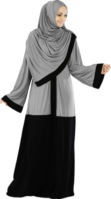 MEHAR Polyester Solid Abaya With Hijab(Grey)