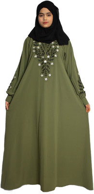 HouseOfCommon Crepe Self Design Abaya With Hijab(Green)
