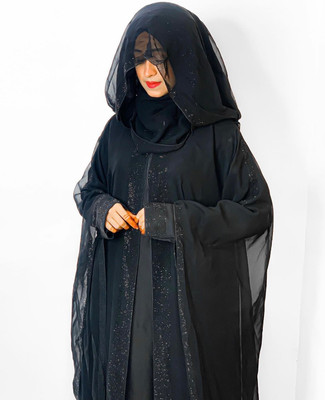 Firdaus Nida Matte, Chiffon Self Design Abaya With Hijab(Black)