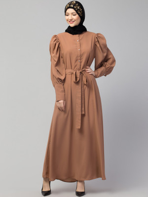 HIJAB WORLD Nida Matte Solid Abaya(Brown)