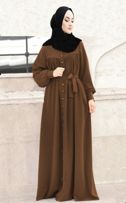 Buraque Designer Polyester Solid Abaya With Hijab(Brown)