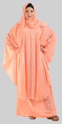 DuaAndCo Crepe Self Design Abaya With Hijab(Orange)