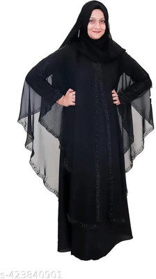 JK Enterprises Georgette Self Design Abaya With Hijab(Black)