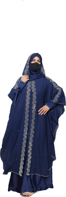 Buraque Designer Nida Matte Self Design Abaya With Hijab(Blue)