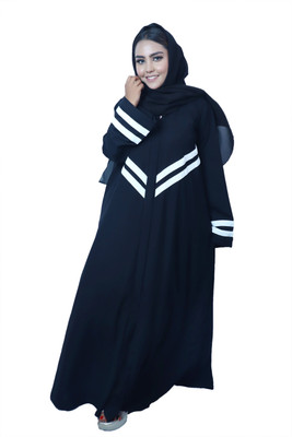 AHLCREATION Cotton Blend Solid Abaya With Hijab(Black)