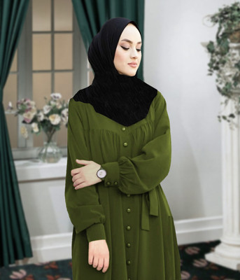 Buraque Designer Polyester Solid Abaya With Hijab(Green)