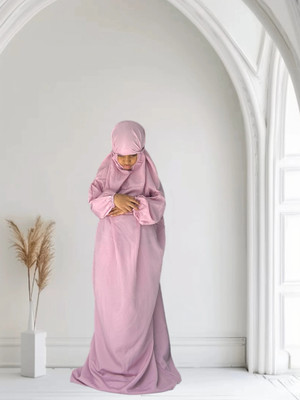 ANBA Crepe Solid Abaya With Hijab(Pink)