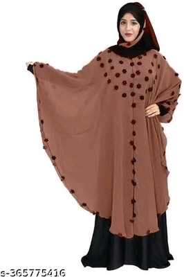 Buraque Designer Polyester Self Design Abaya With Hijab(Brown)