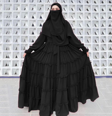 Buraque Designer Polyester Solid Abaya With Hijab(Black)