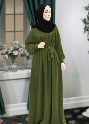 Buraque Designer Polyester Solid Abaya With Hijab(Green)