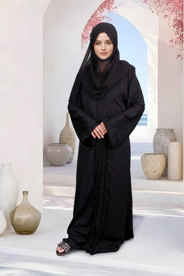 Muskan Fab Silk Blend Solid Abaya With Hijab(Black)
