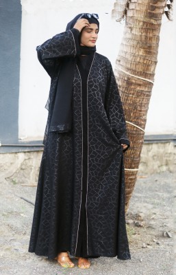 Buraque Designer Polyester Printed Abaya With Hijab(Black)