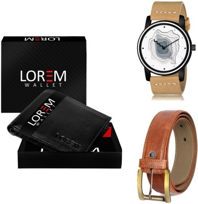 LOREM Belt, Wallet & Watch Combo(Black, Orange, Beige)
