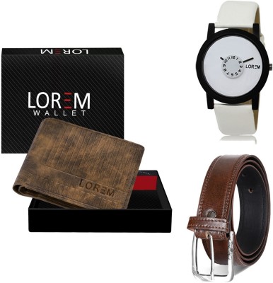 LOREM Belt, Wallet & Watch Combo(Brown, Brown, White)