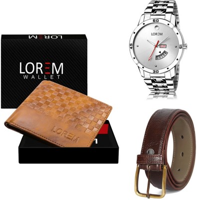 LOREM Belt, Wallet & Watch Combo(Beige, Brown, Silver)