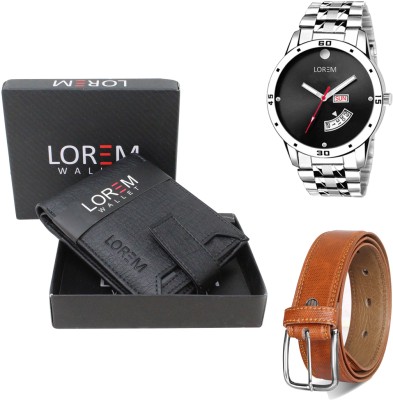 LOREM Belt, Wallet & Watch Combo(Black, Tan, Silver)