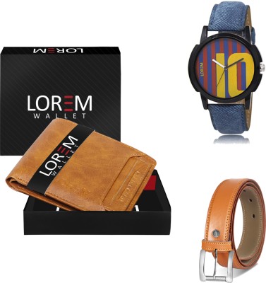 LOREM Belt, Wallet & Watch Combo(Beige, Orange, Blue)