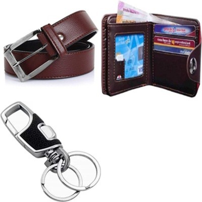 Just Leatheer Wallet & Belt Combo(Tan, Silver)