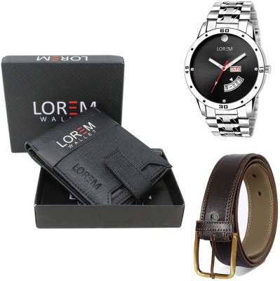 LOREM Belt, Wallet & Watch Combo(Black, Brown, Silver)