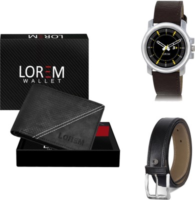 LOREM Belt, Wallet & Watch Combo(Black, Black, Brown)