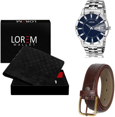 LOREM Belt, Wallet & Watch Combo(Black, Brown, Silver)