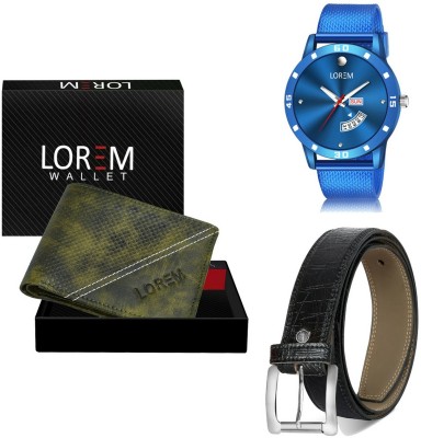 LOREM Belt, Wallet & Watch Combo(Green, Black, Blue)