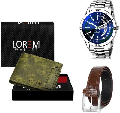 LOREM Belt, Wallet & Watch Combo(Green, Brown, Silver)