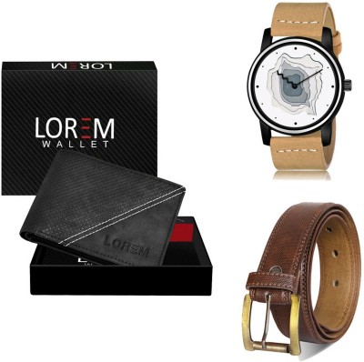 LOREM Belt, Wallet & Watch Combo(Black, Brown, Beige)