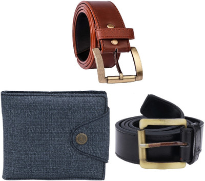 Peacock Mundkar Wallet & Belt Combo(Blue, Black, Brown)